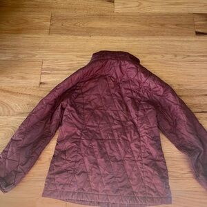 Patagonia Quilted Jacket in Deep Maroon with Multi-Color Cross Print